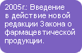 2005 г.: Введение в действие новой редакции Закона о фармацевтической продукции.